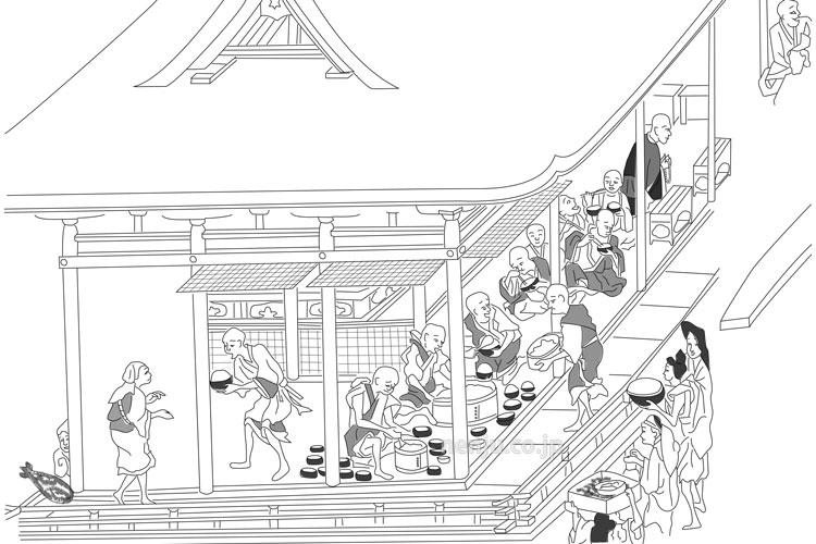 当麻寺での一遍（中央上の黒衣）　時衆と供に御斎　一遍上人絵伝を元に作画