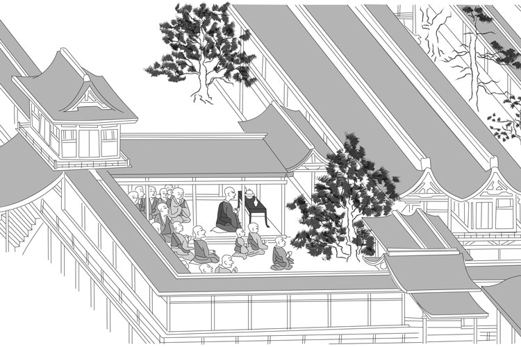 石清水八幡宮での一遍（中央の黒衣）　一遍上人絵伝を元に作画