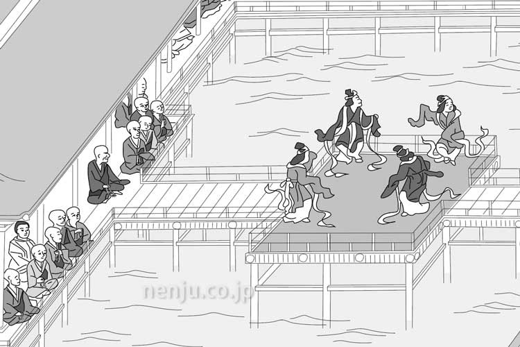 厳島神社での一遍（左中央の黒衣）　一遍上人絵伝を元に作画